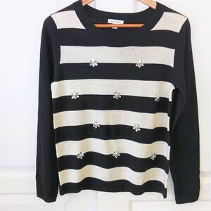 Garnet Hill Women's Merino Black/White Stripe Rhinestone Flower Sweater Size S